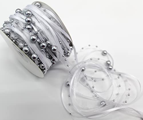 CaPiSo 15m Schleifenband mit Organza und 3 und 8 mm Perlen Perlenband Geschenkband Trendyband Perlen am Band (Silber-Weiss) von CaPiSo