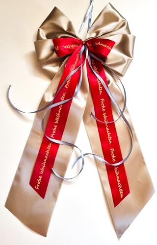 CaPiSo 20x40 cm knitterfrei in Box Große Satin-Doppelschleife ohne Basteln Schleife Weihnachtsschleife Weihnachten mit Schrift Frohe Weihnachten in Box (Schrift Bordeaux) von CaPiSo