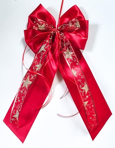 CaPiSo 20x40 cm knitterfrei in Box Große Satin-Doppelschleife ohne Basteln Schleife Weihnachtsschleife Weihnachten Glitzer mit goldenen Sternen glitzernd (Rot Goldene Sterne Rot End 15) von CaPiSo