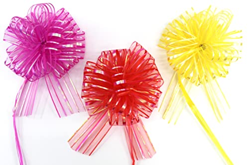 CaPiSo 3 Stück Große Ziehschleife 16cm Geschenkschleife Dekoschleife Geschenk Schleife Geschenkband für Geschenke Tüten Zuckertüte zum Basteln Dekorieren Verzieren (Fuchsia-Rot-Gelb) von CaPiSo