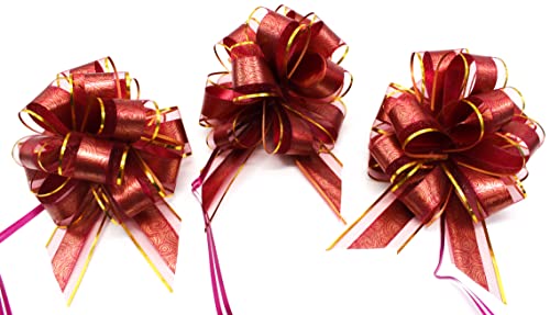 CaPiSo 18cm Große Ziehschleife Large Pull Bow Zugband Polyband Dekoschleife Geschenkschleife für Geschenke für Tüten Zuckertüten Basteln Dekorieren Verzieren (Bordeaux-Goldrand, 3 Stück) von CaPiSo