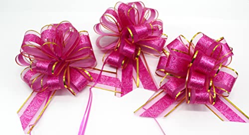 CaPiSo 18cm Große Ziehschleife Large Pull Bow Zugband Polyband Dekoschleife Geschenkschleife für Geschenke für Tüten Zuckertüten Basteln Dekorieren Verzieren (Fuchsia-Goldrand, 3 Stück) von CaPiSo