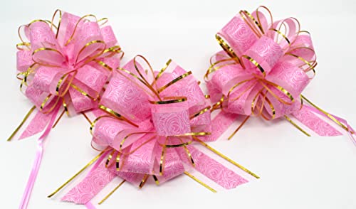 CaPiSo 18cm Große Ziehschleife Large Pull Bow Zugband Polyband Dekoschleife Geschenkschleife für Geschenke für Tüten Zuckertüten Basteln Dekorieren Verzieren (Rosa-Goldrand, 3 Stück) von CaPiSo