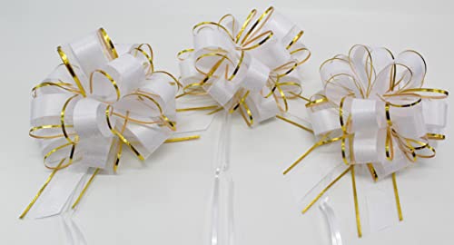 CaPiSo 18cm Große Ziehschleife Large Pull Bow Zugband Polyband Dekoschleife Geschenkschleife für Geschenke für Tüten Zuckertüten Basteln Dekorieren Verzieren (Weiss-Goldrand, 3 Stück) von CaPiSo