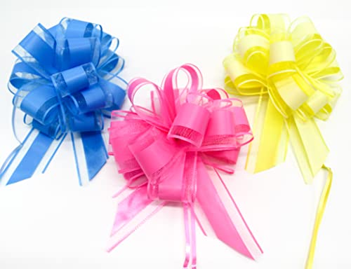CaPiSo 3X Große Ziehschleife 18cm L Pull Bow Zugband Polyband Dekoschleife Geschenkschleife (Eisblau-Rosa-Gelb) von CaPiSo