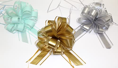 CaPiSo 3X Große Ziehschleife 18cm L Pull Bow Zugband Polyband Dekoschleife Geschenkschleife (Mint-Silber-Gold) von CaPiSo