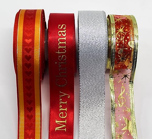 CaPiSo 4 Farben je 10m Satin-Schleifenband MIX 25mm Lurexband Glitzerband Geschenkband Dekoband mit Draht Dekoration Drahtkante Weihnachten (End 12) von CaPiSo