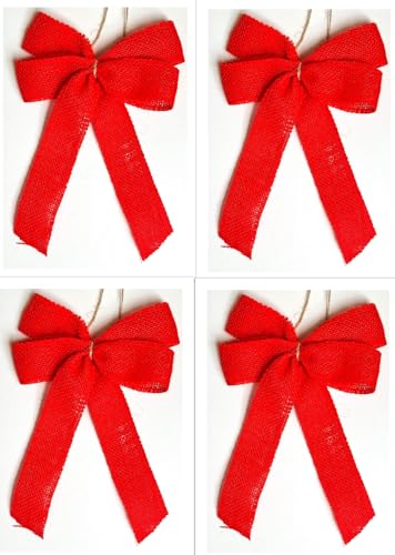 CaPiSo 4 Stück Juteschleife 15x20cm Geschenkschleife nachhaltig Jute Vintage mit Satinban und Applikation Sackleinen Burlap Antennenschleifen Auto (Rot) von CaPiSo