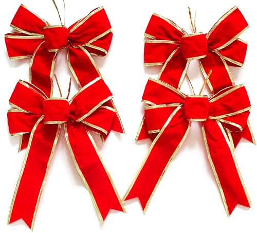CaPiSo 4 Stück Set Velourschleifen ROT 20x30cm Weihnachtsbaum Geschenkschleifen Weihnachtsschleifen Samtschleifen Velour Adventsgesteck … (Rot-Gold) von CaPiSo