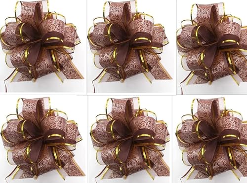 CaPiSo 18cm Große Ziehschleife Large Pull Bow Zugband Polyband Dekoschleife Geschenkschleife für Geschenke für Tüten Zuckertüten Basteln Dekorieren Verzieren (Braun-Goldrand, 6 Stück) von CaPiSo