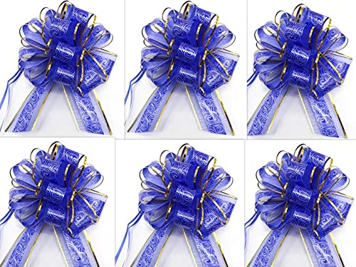 CaPiSo 18cm Große Ziehschleife Large Pull Bow Zugband Polyband Dekoschleife Geschenkschleife für Geschenke für Tüten Zuckertüten Basteln Dekorieren Verzieren (Blau-Goldrand, 6 Stück) von CaPiSo