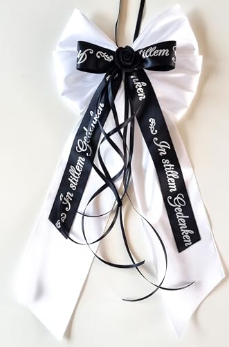 CaPiSo Handarbeit 20x40cm Große Satin-Doppelschleife ohne Basteln Schleife Trauer Beerdigung Trauerschleife Grabschleife Kranzschleife Schrift In stillem Gedenken (Gedenken Weiss) von CaPiSo