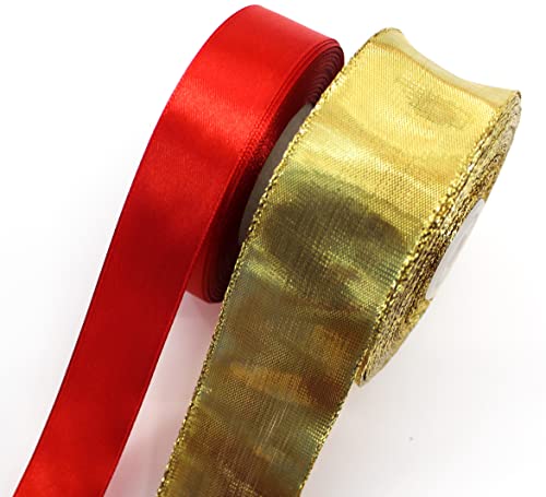 CaPiSo Schleifenband Set 25mm Rot und 40mm Gold Glatt Lurexband Dekoband Goldband Satinband Dekoration Weihnachten von CaPiSo