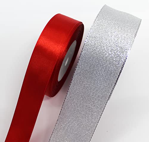 CaPiSo Schleifenband Set 25mm Rot und 40mm Silber Lurexband Dekoband Goldband Satinband Dekoration Weihnachten von CaPiSo