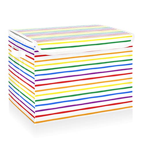 CaTaKu Große Stoff-Aufbewahrungskörbe mit Deckel, Regenbogenfarben, gestreifte Aufbewahrungsboxen mit Griffen für die Organisation von Kleidung, zusammenklappbare Aufbewahrungswürfel, Körbe für Regale von CaTaKu