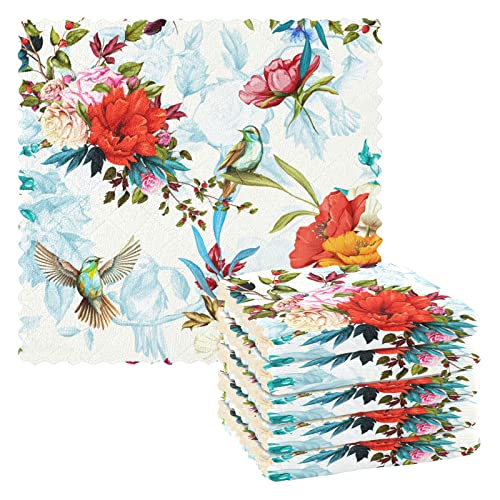 CaTaKu Poppy Rose Birds Küche Geschirrspültücher Set von 6 Küchentüchern Geschirrtuch Wiederverwendbare Reinigungstücher Geschirrtücher Bar Handtuch Geschirrtücher für Küche von CaTaKu