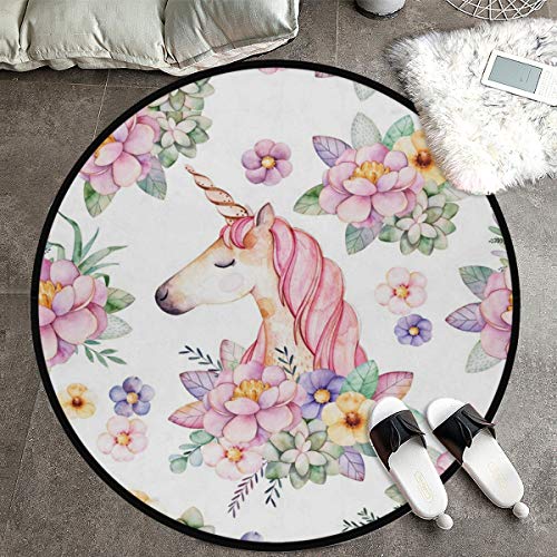 CaTaKu Teppich mit Blumen- und Tier- und Einhorn-Motiv, 91 x 91 cm, Polyester, rund, rutschfest, waschbar, für Esszimmer, Wohnheim, Schlafzimmer, Heimdekoration von CaTaKu