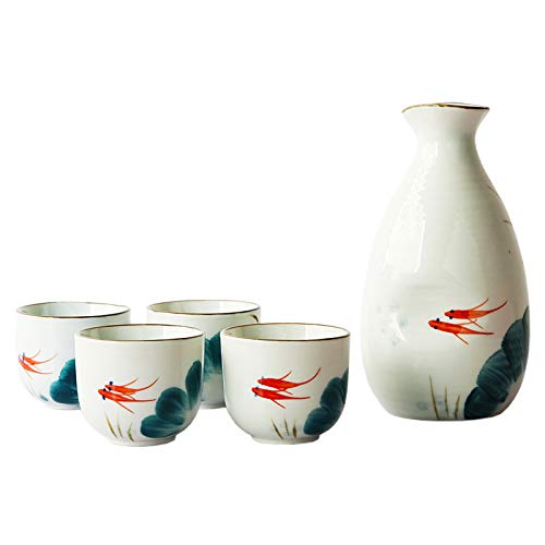 Caalio Japanisches Sake-Set – Porzellan Sake-Tokkuri-Flasche 236 ml und vier Sake-Ochoko-Becher 59 ml (Goldfisch) von Caalio