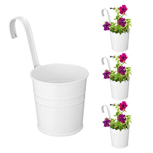 4Stück Hängende Blumentöpfe Metall Eisen Eimer Übertopf Metall Eimer Blumenhalter mit Haken Indoor Outdoor für Geländer Zaun Balkon Garten (Weiß) von Cabilock