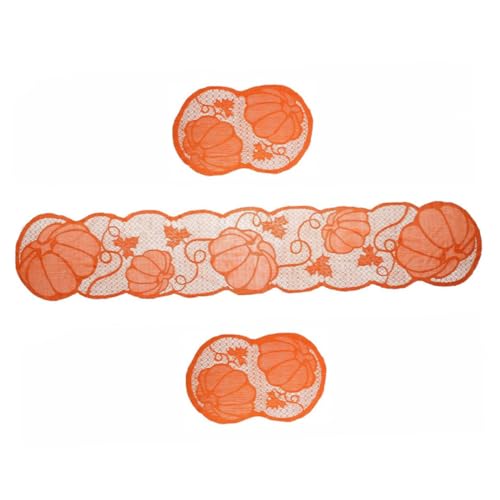 Cabilock Tischläufer Mit Ausgehöhltem Kürbis-Design Und Ahornblatt-Muster Inklusive Tischset Polyester Langlebig Und Einfach Zu Reinigen Für Thanksgiving-Feier Orange von Cabilock