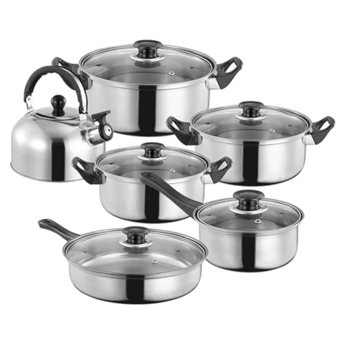 Cabilock 12 Stück Teiliges Edelstahl Kochgeschirr Set mit Antihaft pfannen Milch Suppentopf Wasserkocher Geeignet für Induktions Gas Elektroherde Spülmaschinenfest Robust und Vielseitig von Cabilock