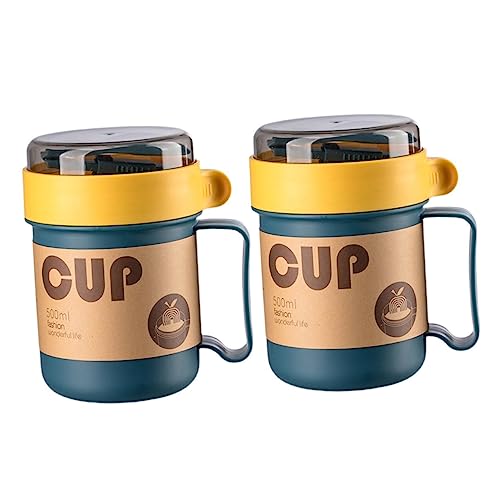 Cabilock 2 Stück Frühstücksbecher mit Deckel 500ml Tragbare Suppentasse aus Lebensmittelechtem Kunststoff für Mikrowelle Löffel Rutschfester Boden für Zuhause und Unterwegs von Cabilock