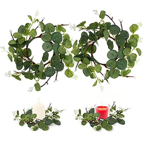Cabilock 2 Stück Kerzenringe, künstliche Eukalyptusblätter, Kränze, Kerzenringe, kleine Boho-Kränze, Mini-Kranz, Kerzenständer, Kranzdekoration für Tisch, Grün (8 cm Ringdurchmesser) von Cabilock