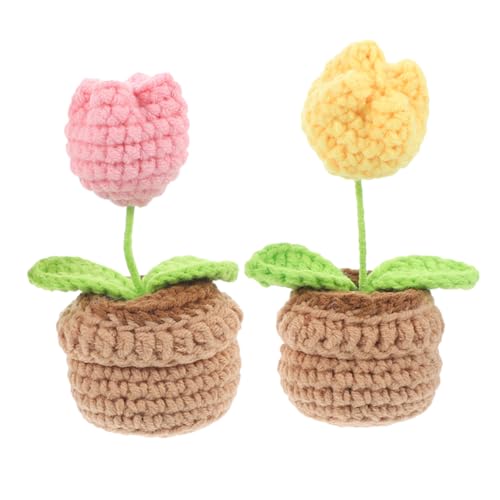 Cabilock 2 Stück Mini Häkel Blumenbonsai Handgefertigte Realistische Tulpen Dekoration für Zuhause Büro und Auto Pflegeleichtes Lebensechtes Design für Kreative Raumgestaltung von Cabilock