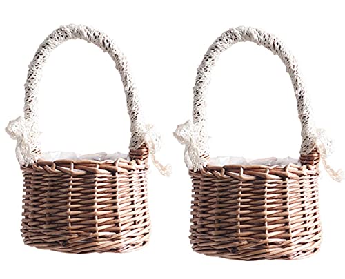 Cabilock 2 Stücke Geflochtener Blumenkorb Rattankorb Obstkorb Holz Blumentopf Rattan Korb Wicker Basket Blumenmädchen Körbchen für Blumenarrangement Hochzeit Tischdeko Shabby Chic Landhausstil Deko von Cabilock