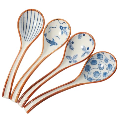 Cabilock 4 Stück Japanische Keramik Suppenlöffel Kleine Leichte Porzellan Löffel mit Ergonomischem Griff Glatte Oberfläche für Suppen Porridge Ramen und Asiatische Küche Langlebig und von Cabilock