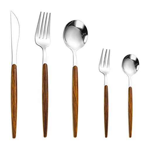 Cabilock 5st Gabel-löffel-set Mit Holzgriff Serviergabel Besteck Holzgriff Set Besteckset Silberbesteck Hotelbesteck Eingestellt Restaurantgeschirr Reisen Edelstahl Hölzern Steak von Cabilock