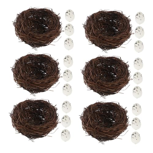 Cabilock 6Er-Set Handgefertigtes Rattan Vogelnest mit Realistischen Künstlichen Eiern Wetterfestes Deko Objekt für Garten Balkon Wohnzimmer Natürliche Langlebiges Material von Cabilock