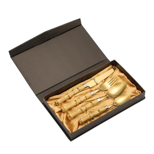 Cabilock Besteck Set Teilig mit Retro Bambusgriff Stabiles Löffel Messer Set Rostfrei Spiegelpoliert Langlebig für Zuhause und Restaurant Goldfarben von Cabilock