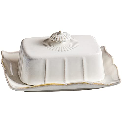Cabilock Butterdose Keramik Vintage mit Deckel Butterglocke Dessertteller Käsehaube Weiß Restaurant Zuhause Küche Esstisch Serviergeschirr Butter Keramikdose Kühlschrank Frischhaltedose von Cabilock