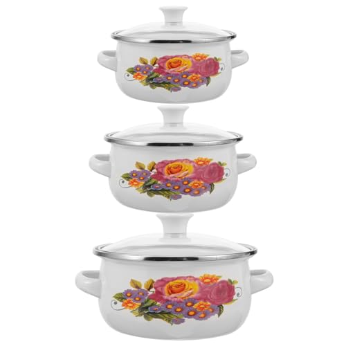 Cabilock Emaille-Topf-Set 3-Teilig Emaille-Suppentopf Mit Deckel Floraler Retro-Kochtopf Kochtopf Tiefer Emaille-Suppentopf Für Zuhause Restaurant Stil B von Cabilock