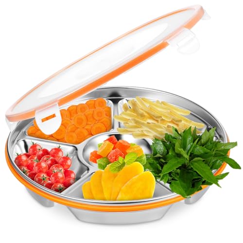 Cabilock Geteiltes Serviertablett Mit Deckel Edelstahl Snackteller Für Gemü Obst Und Snacks Vielseitige Servierplatte Mit 6 Fächern Ideal Für Partys Und Picknicks von Cabilock