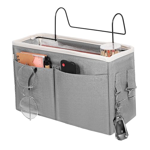 Cabilock Hängender Aufbewahrungsbeutel aus Baumwolle Leinen mit Eisenrahmen Robuste Hängetasche mit Mehreren Taschen Platzsparender Nachttisch Organizer für Bett und Sofa Einfache Montage von Cabilock