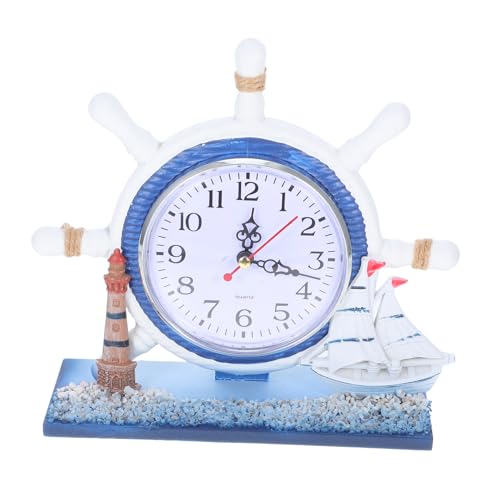 Cabilock Stille Mediterrane Tischuhr Mit Leuchtturm Und Schiffsrad Vintage Wecker Für Nautische Themenzimmer Küstendekoration von Cabilock