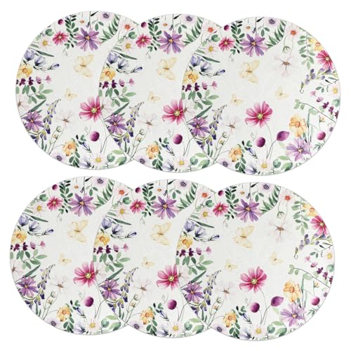 Cabilock Tischset Rund Tischsets Platzsets 6er Set Blumen Tischsets Runde Platzsets Aus Leinen Abwaschbar Für Esstisch Im Landhausstil Frühling Tischdeko Platzdeckchen Für Küche Und Restaurant von Cabilock