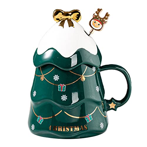 Cabilock Weihnachtsbecher Keramik Weihnachten Weihnachtsbaum Kaffeetasse Kaffeebecher Weihnachtstasse Teetasse Milchtasse mit Löffel für Weihnachten Urlaub Freunde Familie Liebhaber Geschenkidee von Cabilock