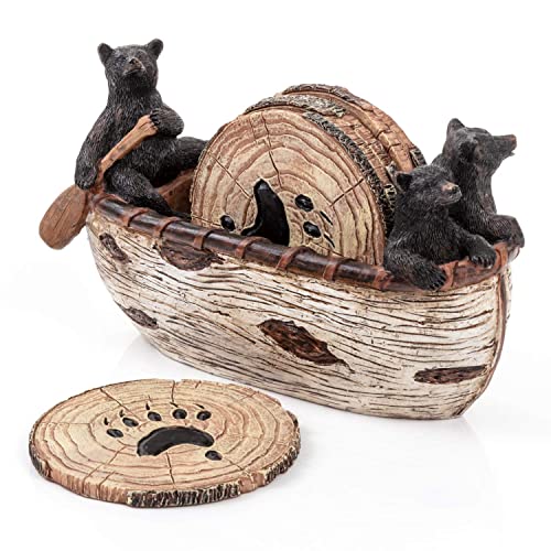 Bear Coasters Set of 6 Rustic Full Size Coasters in Handmade Canoe with Adorable Black Bear Figurines von Cabin Obsession