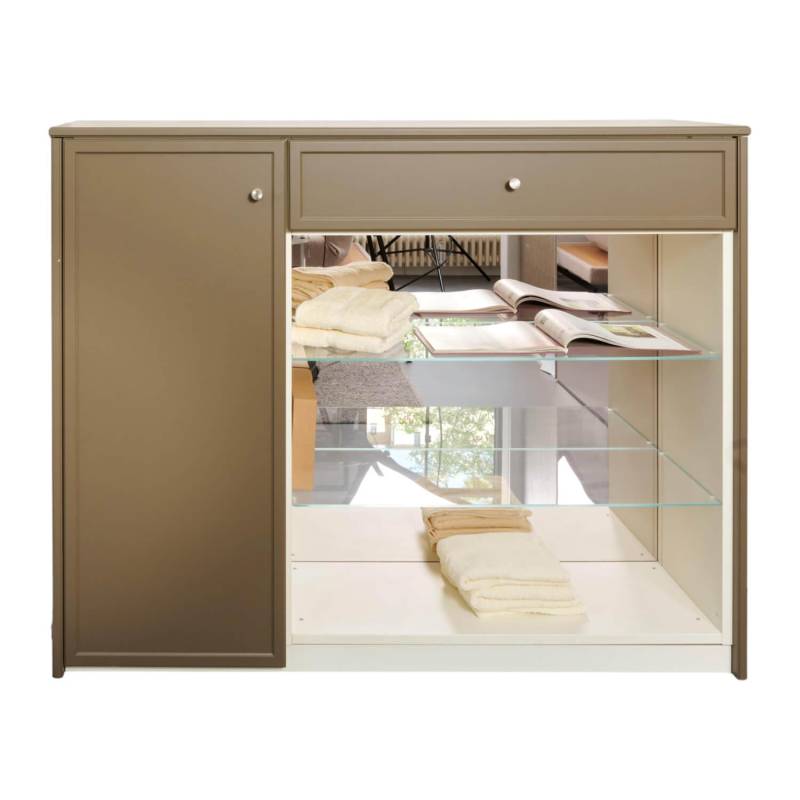 Sideboard Pinato Mattlack Braun RAL Pianto Knoptgriffe Alusilber Glasböden von Cabinet