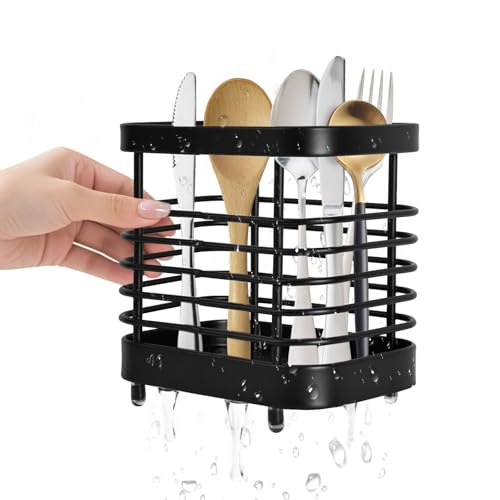 Cable Leader 1 Stück Edelstahl-Besteckhalter, Besteck Abtropfbehälter, Küchenutensilien-Besteckhalter, Besteckabtropfkorb Abtropfgestell für Essstäbchen (Schwarz) von Cable Leader