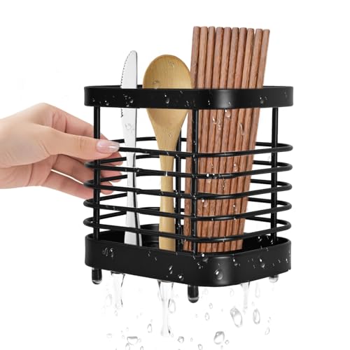 Cable Leader 1 Stück Edelstahl-Besteckhalter, Besteck Abtropfbehälter, Küchenutensilien-Besteckhalter, Besteckabtropfkorb Abtropfgestell für Essstäbchen/Löffel Für alle Küchen geeignet (Schwarz) von Cable Leader