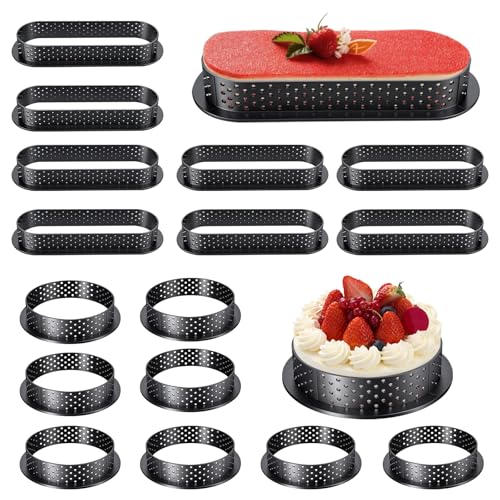 Cable Leader 16 Stück Mousse Tartelette Förmchen, Dessert Mousse Tartlettförmchen Set Mit Lüftungslöchern, Oval(Ø14.4cm) Rund(Ø8cm) Klein Kuchenform Perforiert Dessertringe für DIY Kuchendekoration von Cable Leader