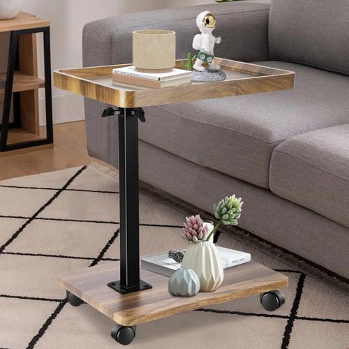 Cable Leader Beistelltisch C Form, 360° Rotierend Beistelltisch Couch HöHenverstellbar (45-80cm), Kleiner Tisch mit Rollen, Side Table Klein Holz mit Metallgestell, als Ablagefläche für Couch von Cable Leader