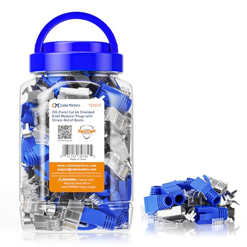 Cable Matters 50-Pack Cat6A RJ45 geschirmte modulare Stecker mit Zugentlastungsmanschetten/Cat 6A geschirmte RJ45-Stecker von Cable Matters