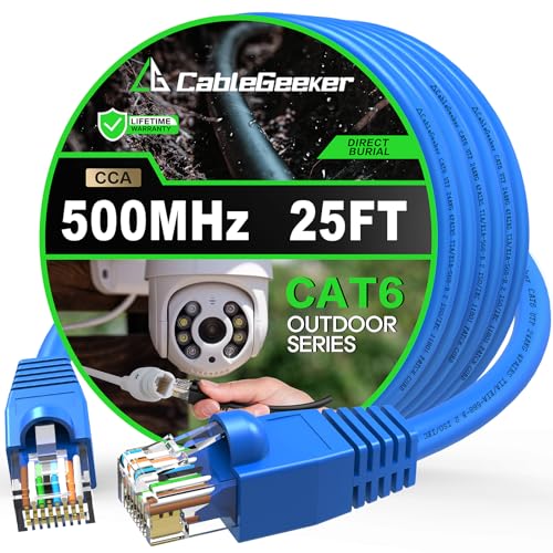 CableGeeker Cat6 Ethernet-Kabel für den Außenbereich, 7,6 m, CCA-Kupferummantelung, robustes Internet-Netzwerkkabel, direkte Erdung, wasserdicht, Erdung, POE, UV-Jacke, 24 AWG, Cat 6 RJ45-Patchkabel, von CableGeeker