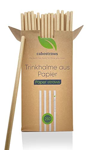 CABOSTRAWS Umweltfreundliche Strohhalme Papier Naturfarbe – Einweg Papierstrohhalme für Party, Hochzeit und Geburtstag - Trinkhalm biologisch abbaubar - Paper Straw 250x8mm, 250 Stück von Cabostraws