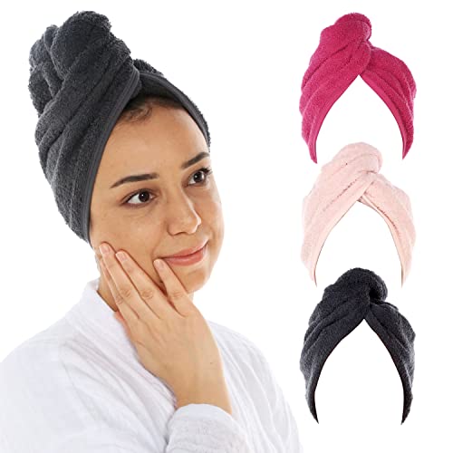 Cacala Frottee-Duschhaube für Frauen - Luxuriöses Haartuch Wrap - Anti-Frizz Hair Wraps für Frauen Nasses Haar mit Halteschlaufe und Knöpfen - Hochsaugfähiges Kopfwickel mit Zubehör - 3 Stück von Cacala